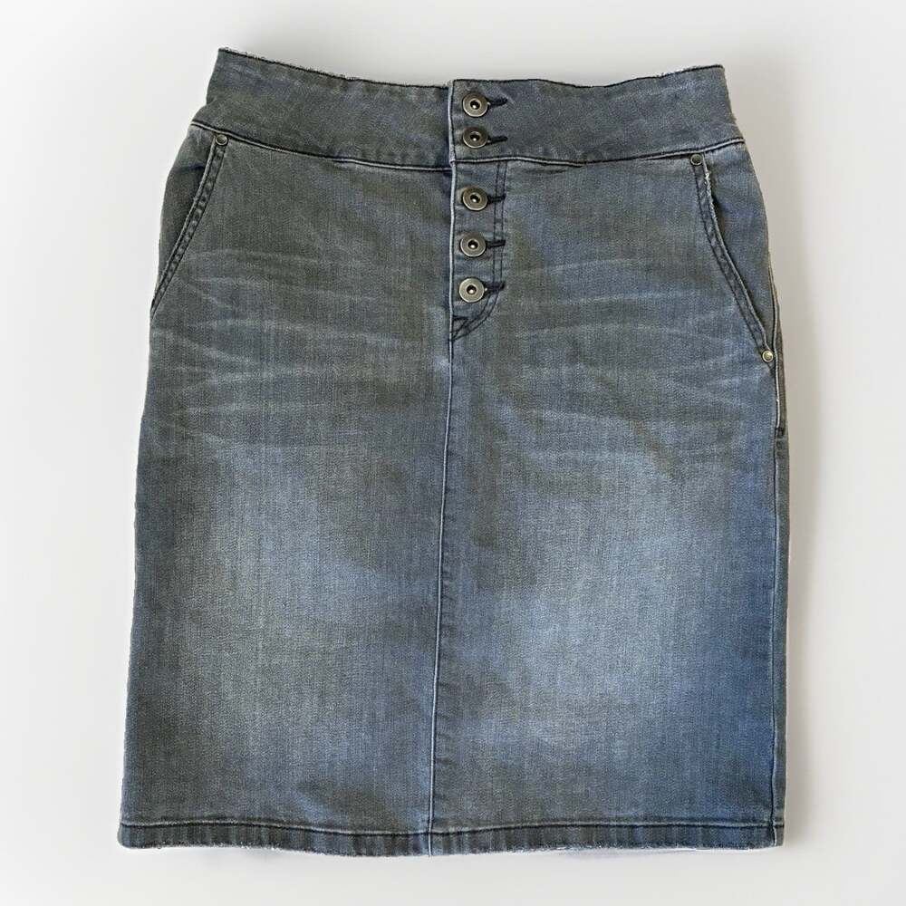 prAna Women’s Gray Denim Button Front Pencil Skirt Pockets Slit Knee Size 6